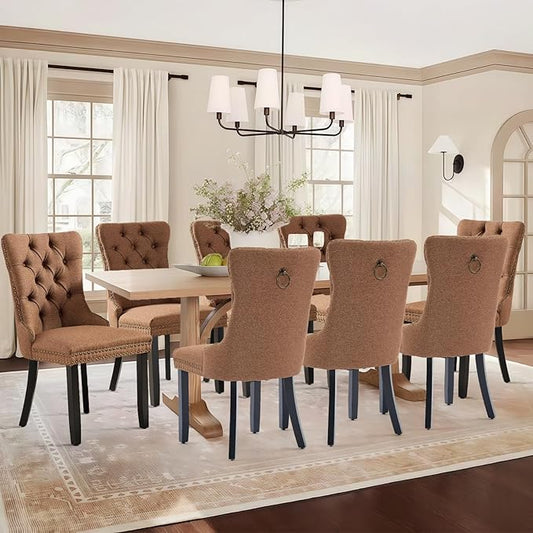 Linen Upholstered Dining Chairs Set of 8, Modern Style Kitchen Side Chairs with Nailhead Trim and Wood Leg, Metal Pulling Ring for Dining Room Living Room(Coffee,Set of 8)