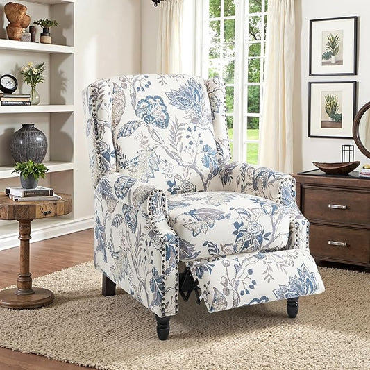 Recliner Chair, Upholstered Wingback Floral Pushback Armchair with Adjustable Backrest & Footrest, Comfy Accent Chair Reading Single Sofa for Small Spaces, Living Room, Bedroom (Plants Blue, Set of 1)