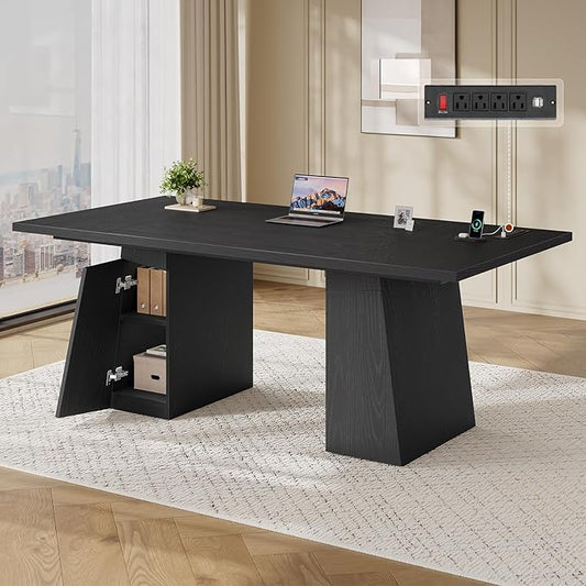 63 in Executive Desk with Power Outlets, Modern Home Office Desk with Storage Cabinet, Wood Computer Desk Business Workstation Desk Conference Table (Black)