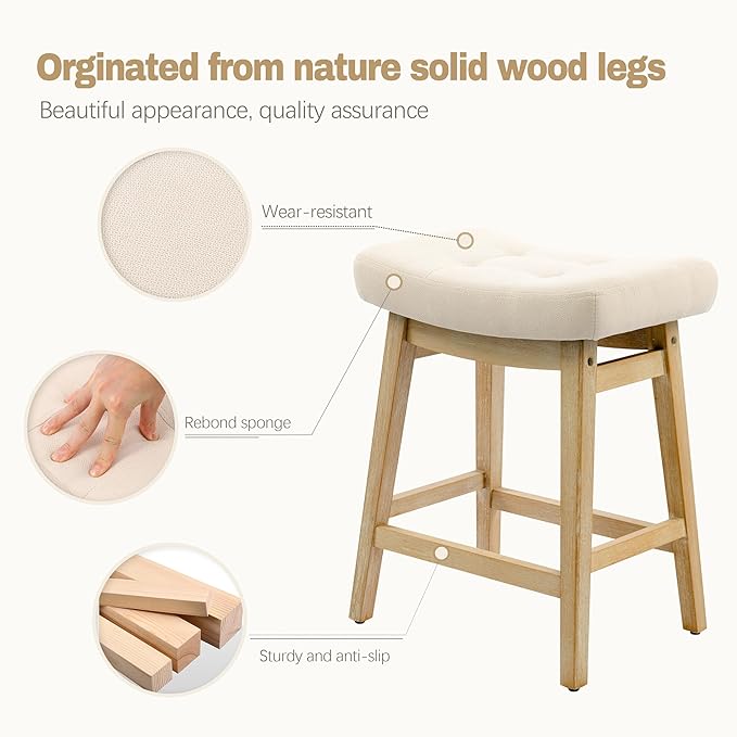 Counter Height Bar Stools Set of 4 for Kitchen Counter Farmhouse Modern Barstools with Upholstered Fabric Backless Seat and Solid Wood Legs 24 inch Bar Chairs, Khaki + Wood Color