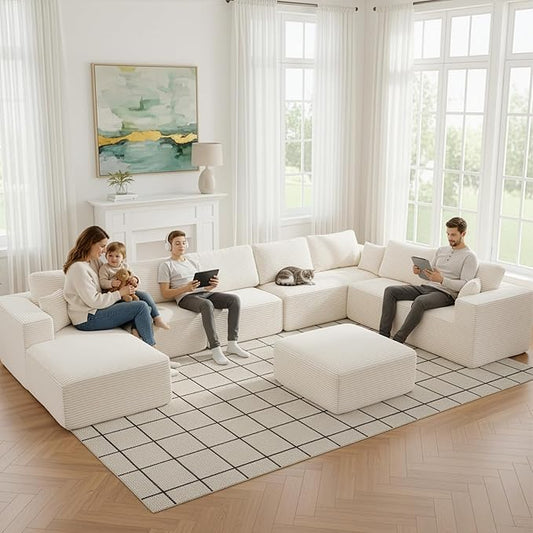 Modular Sectional Cloud Couch for Living Room,Modern Boneless Couche Set with Plush Corduroy,Comfy Floor Sofa with Memory Foam,Stupendous U Shaped Sofa with Ottoman,No Assembly Required,Beige