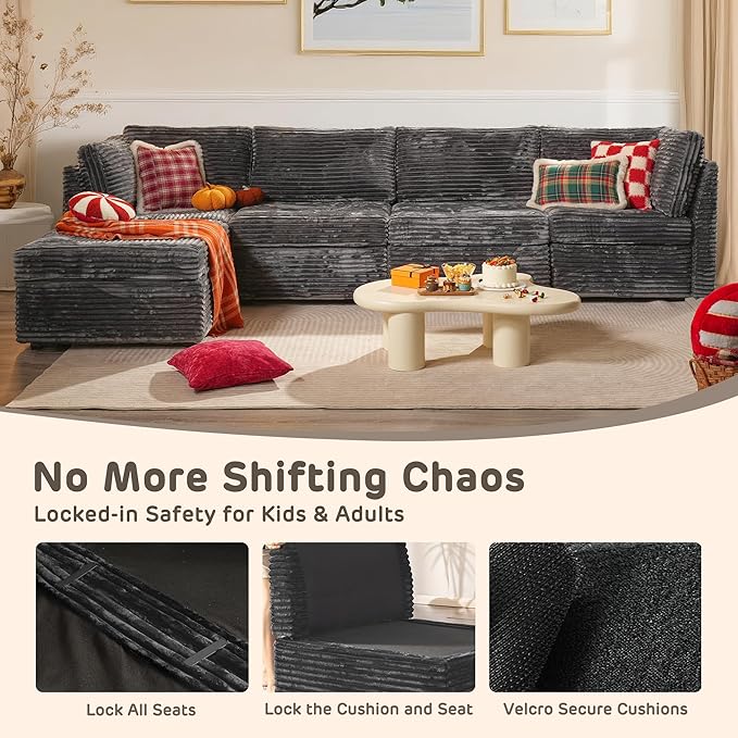 130" Modular Sofa with Swivel Chair & Ottoman, Modern Cloud Sectional Couch Plush Corduroy 5 Seater Deep Seat Sofas Set & Accent Armchair for Living Room, Gray