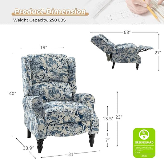 HULALA HOME Upholstered Wingback Recliner Chair Set of 2, Small Adjustable Footrest Push Back Single Reclining Sofa, Mid Century Modern Lounge Armchair for Living Room, Bedroom, Reading/Jacobean