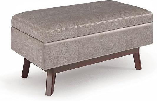 SIMPLIHOME Owen 36 inch Wide Mid Century Modern Small Rectangular Storage Ottoman in Distressed Grey Taupe Vegan Faux Leather, Assembled, For the Living Room, Entryway and Family Room