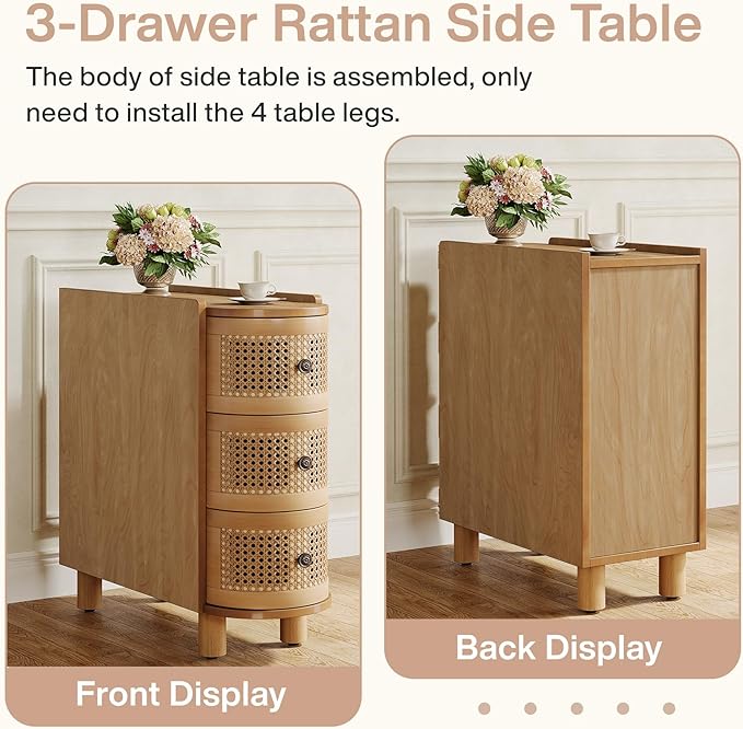 Tribesigns Solid Wood End Table, 3-Drawer Rattan Side Table, Night Stand with 3 Rattan Drawers and Exquisite Embossed Handles for Living Room, No Assembly Required (1, Oak)