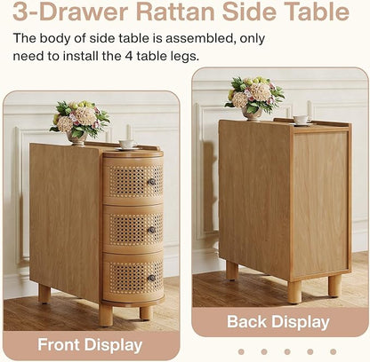 Tribesigns Solid Wood End Table, 3-Drawer Rattan Side Table, Night Stand with 3 Rattan Drawers and Exquisite Embossed Handles for Living Room, No Assembly Required (2, Oak)