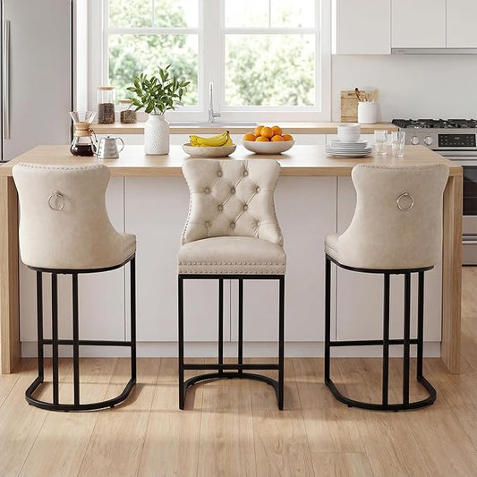 Counter Height Bar Stools Set of 3 for Kitchen Island, Modern Bar Stools with Backs, 26 Inch Barstools with Upholstered Faux Leather Seat and Metal Frame, Beige