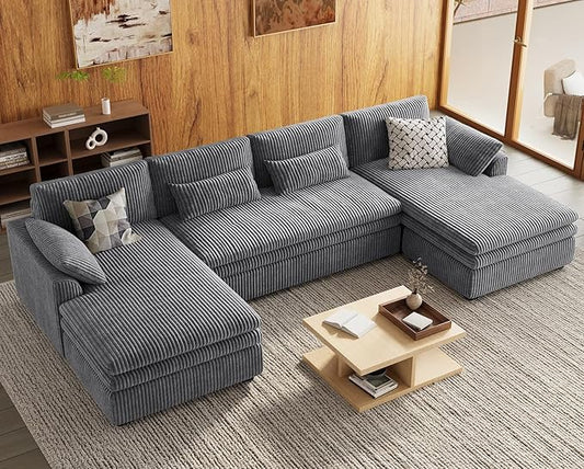 Belffin Large Modular Sectional Sofa with Double Deep Chaise, 135" Corduroy U Shaped Sectional Couch with 9" Soft Dual-Layer 6 Seats U Shaped Couch for Living Room, Apartment, Light Grey