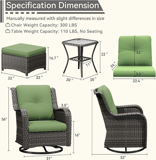 5 Piece Outdoor Patio Furniture Set Wicker Conversation Set Swivel Rocking Chairs with Side Table and Ottomans for Backyard, Porch, Deck, Green