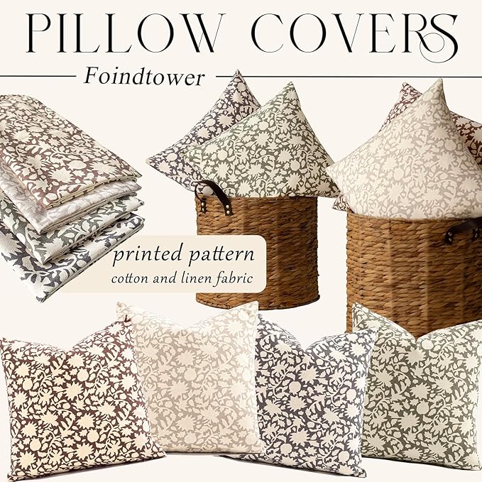 Foindtower Set of 2 Decorative Neutral Floral Throw Pillow Covers Accent Farmhouse Cushion Covers Boho Vintage Pillowcase for Couch Sofa Bedroom Living Room Home Decor,22×22 Inch,Sage Green