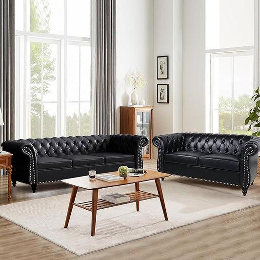 Faux Leather Sofa and Loveseat set, Mid Century Modern Upholstered Couch with Cushions, 2-Piece Home Sofa Living Room Furniture Sets, Comfy Tufted Chesterfield Couches for Bedroom, Office (Black)