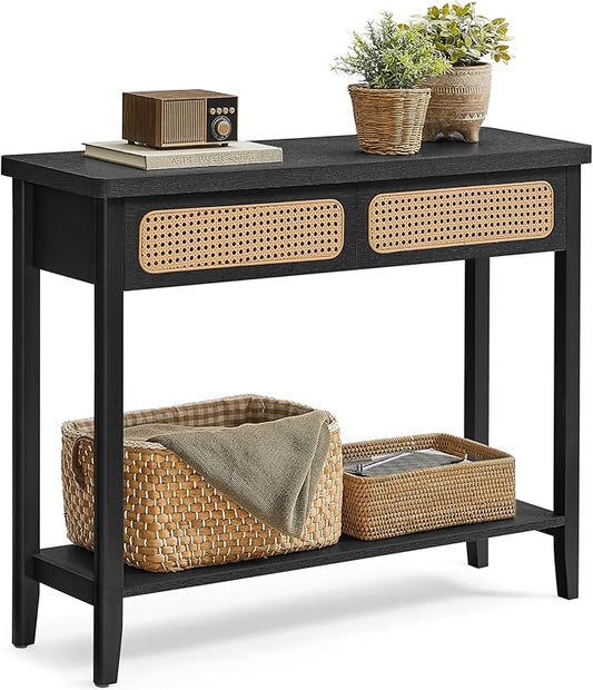 VASAGLE Console Table, Sofa Table, Narrow Entryway Table with 2 Drawers, Open Storage Shelf, Rounded Corners, for Living Room, Boho Style, Ash Black ULNT016B21