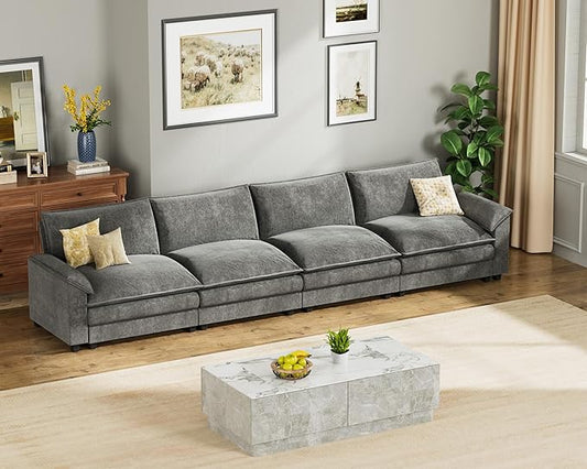 Homall 159" Modular Sectional Sofa, Linear Sofa Couch with Double-Layer Cushion, DIY Combination Chenille Deep 4-Seat Cloud Couch for Living Room, Apartment (Light Grey, Linear Sofa)