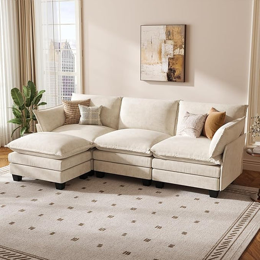 KKL 91.3" Modular Sectional Sofa, L-Shaped 4 Seater Cloud Couch with Ottoman, Chenille Modern Sectional Couches for Living Room, Apartment, Beige