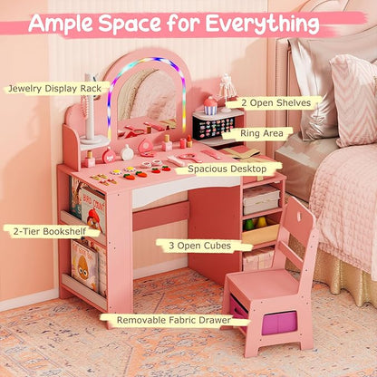 Costzon Kids Vanity, Girls Vanity Set with Lighted Mirror, Bookshelf, Jewelry Storage, Toddler Makeup Vanity Desk Dressing Table, Wooden Kids Vanity Table and Chair Set (Pink)