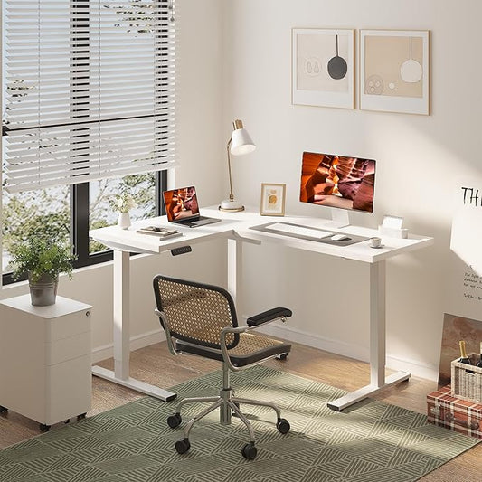 L-Shaped Standing Desk, 63 x 47 Inches Height Adjustable Desk, Sit and Stand up for Work Office Home, Ergonomic Rising Computer Table for Home Office with Splice Board, White