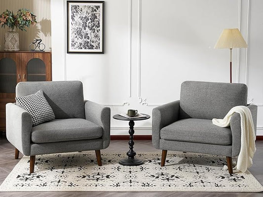ELUCHANG Accent Chairs Set of 2, Oversized Mid Century Modern Arm Chair, Soft Linen Fabric Sofa Chairs Upholstered Comfy Chair for Living Room Bedroom Apartment (Grey)
