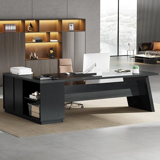 Tribesigns L-Shaped Executive Desk, 78-Inch Modern Office Desk with Drawers and Lateral File Cabinet, Large Bussiness Furniture with Storage Shelves, Workstation for Home Office (Grey + Black)