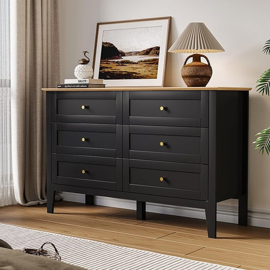 6 Drawers Black Dresser for Bedroom, 47" Wide Wood Modern Chest of Drawers, Shaker Style, Modular Dresser TV Stand for Bedroom, Living Room, Hallway (Black)