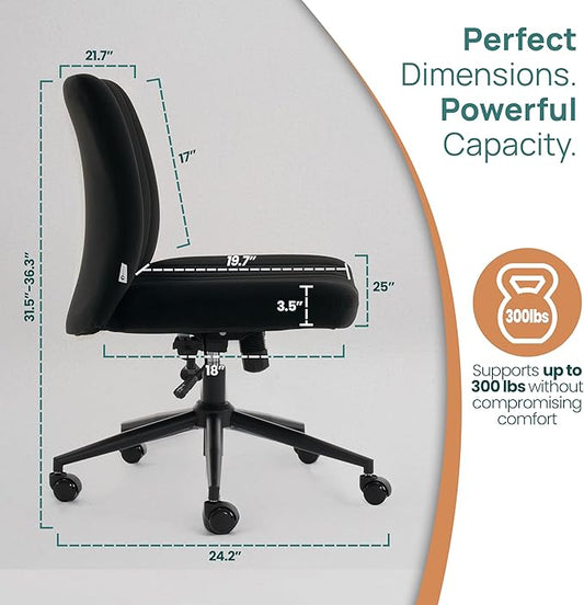 NYPOT Armless Desk Chair with Wheels for Criss Cross Sitting - Cross Legged Wide Armless Chair - Adjustable Vanity 360° Swivel Stool and 120° Rocking Wide Seat Comfy for Home and Office, Black Velvet