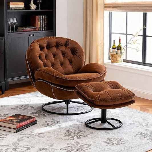 360° Swivel Modern Velvet Accent Chair with Ottoman | Mid-Century Button Tufted Lounge Chair for Living Room & Bedroom, Brown
