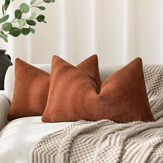 Foindtower Pack of 2 Soft Textured Throw Decorative Pillow Covers Lumbar Accent Solid Cushion Cover Cozy Farmhouse Pillow Case with Zipper for Couch Sofa Bed Living Room 12x24 Inch, Burnt Orange