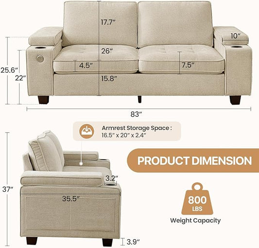 84" Loveseat for Living Room,Modern Chenille Upholstered 2-Seater Loveseat Couch for Apartment,Solid Wood Sofa with Adjustable Storage Armrest,Cup Holders,USB & Type-C Ports(Beige)
