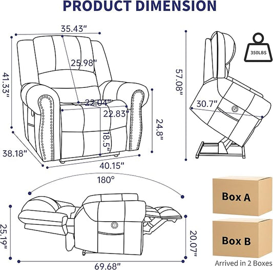 Luxlen Power Lift Recliner Chair for Elderly, Dual Motor Massage Recliner with Lumbar Heat, Heavy Duty Motion Mechanism Lift Chair with Charge Ports, Genuine Leather - Blue