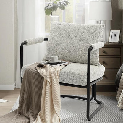 Single Accent Chair for Living Room, Mid Century Modern Upholstered Reading Armchair for Bedroom, Office, with Comfy Chenille Cushion Back & Metal Frame, Light Grey