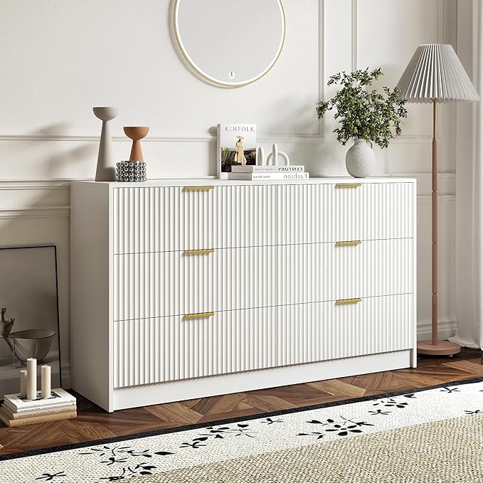 3-Piece Modern Bedroom Furniture Set, Wide 6-Drawer Dresser & 2-Drawer Nightstands Set of 2, Natural Wood Dresser and Nightstand Sets for Bedroom, Hallway, White