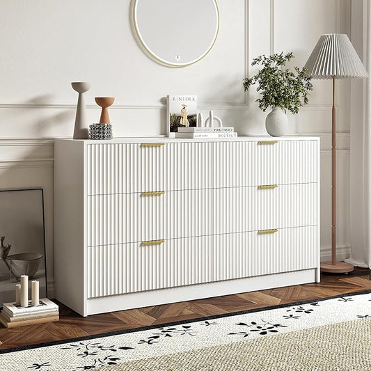 6 Drawers Fluted Dresser for Bedroom, 55" Wide Wooden Dresser with Deep Drawers, Large Floor Chest of Drawers, Modern Long TV Stand, Storage Cabinet Side Table, White