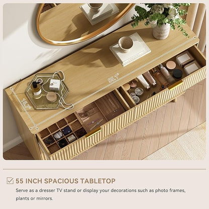 CARPETNAL Fluted 8 Drawer Dresser for Bedroom, 55" Wide Wooden Chest of Drawers with Rounded Corners, Gold Handles, Modern Storage Organizer for Bedroom, Hallway(Oak)