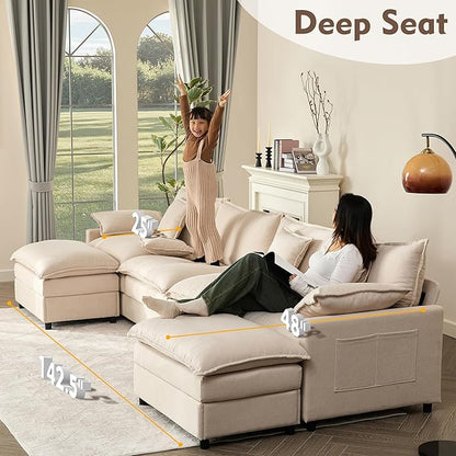 142.5" U Shaped Couch, Modular Sectional Sofa, 3-Seater Comfy Cloud Couch with Movable Ottoman, Deep Seat Couches for Living Room, Linen, Beige