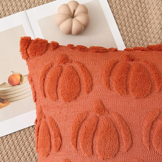 Kevin Textile Fall Pillow Covers 20x20 Inch Set of 2 Soft Pumpkins Decorative Square Pillowcases Plush Autumn Faux Fur Cushions Harvest Gift for Couch Sofa Chair Bedroom Home Decor, Rust