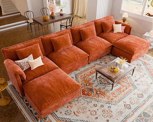ELUCHANG 153" U Shaped Modular Sectional Cloud Couch with Pillow, Deep Seat Sofa Couches for Living Room, 6-Seat Modern Sofa with Movable Ottoman, Chenille Terracotta