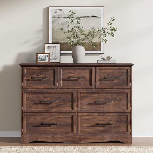 Walnut Farmhouse Dresser for Bedroom, Modern 7 Chest of Drawers, 47" Wide Chest of Drawers with Metal Handle, Wood Dresser TV Stand and Storage Cabinet for Bedroom, Living Room