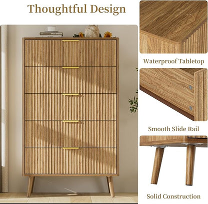 LYNSOM Fluted Dresser and Nightstand Sets 3 Piece, 5-Drawers Dresser and 1-Drawer Nightstands Set of 2, Wood Bedroom Furniture Set for Home, Bedroom, Hallway, Natural Oak