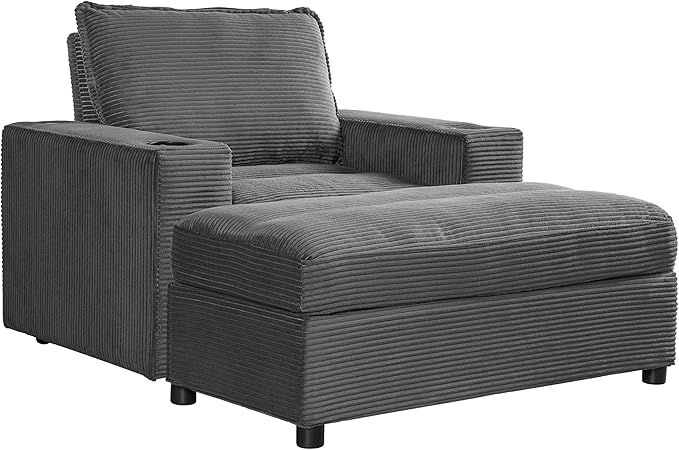 Christopher Knight Home Zoe Oversized Chaise Lounge Chair Indoor with Cup Holders & USB Charging Port, Corduroy Upholstered Sofa Bed + Ottoman with Storage, Comfy Deep Seat Sleeper Sofa Chair, Grey