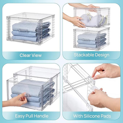 Vtopmart 3 Pack 18QT Clear Stackable Storage Drawers,Easily Assemble Closet Organizers,Plastic Storage Bins for Bathroom,Cabinet,Kitchen Pantry,Under Sink Organization(Medium)