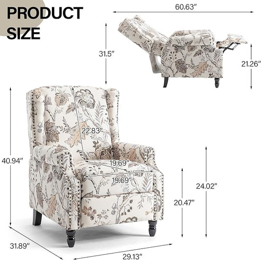 Recliner Chair, Upholstered Wingback Floral Pushback Armchair with Adjustable Backrest & Footrest, Comfy Accent Chair for Small Spaces, Living Room, Bedroom (Plants Beige, Set of 2)