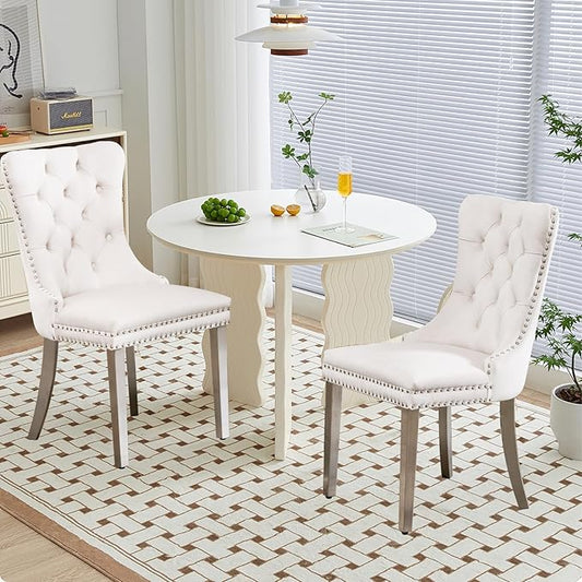 Velvet Upholstered Dining Chairs Set of 2, Modern Style Kitchen Side Chairs with Nailhead Trim and Silver Plated Leg, Metal Pulling Ring for Dining Room Living Room(Creamy White)