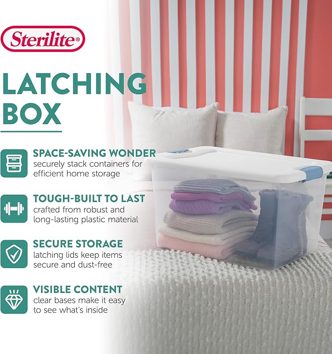 Sterilite 12-Pack Latching Box, Clear Plastic Storage Bins with Lids, 64 & 32 Quart - Heavy-Duty Organizing Containers for Closet and Office