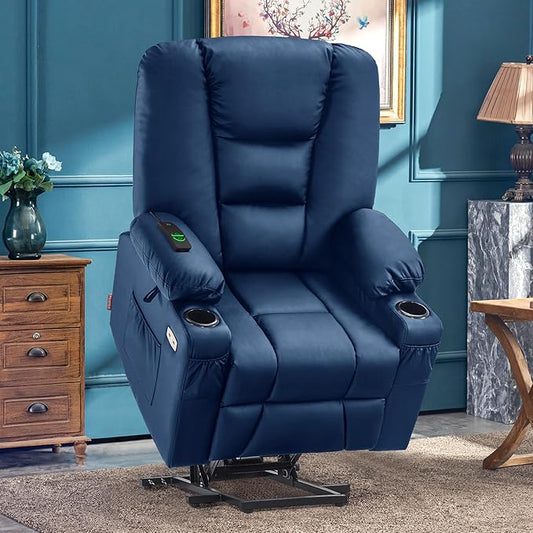 MCombo Large Power Lift Recliner Chair Sofa with Massage and Heat for Big and Tall Elderly People, 3 Positions, Cup Holders, and USB Ports, Faux Leather 7539 (Large, Navy Blue)
