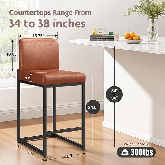ALPHA HOME 24 Inch Bar Stools, Kitchen Counter Stools with Backs, PU Leather Barstools, Kitchen Stools with Back&Upholstered Footrest, Sturdy Chromed Metal Steel Frame, Brown