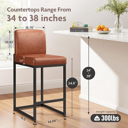 Alpha Home 24 Inch Bar Stools Set of 3, Kitchen Counter Stools with Backs, PU Leather Barstools, Kitchen Stools with Back&Upholstered Footrest, Sturdy Chromed Metal Steel Frame, Brown
