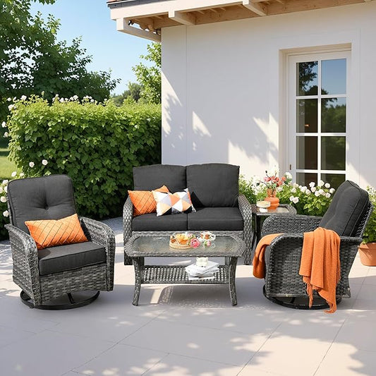 5 PCS Patio Outdoor Furniture Set with Swivel Rocking Chairs,All Weather Wicker Rattan Patio Seating Sofa and Chairs Set,Outdoor Conversaiton Sets for Deck Yard Prrch Garden Poolside,Black