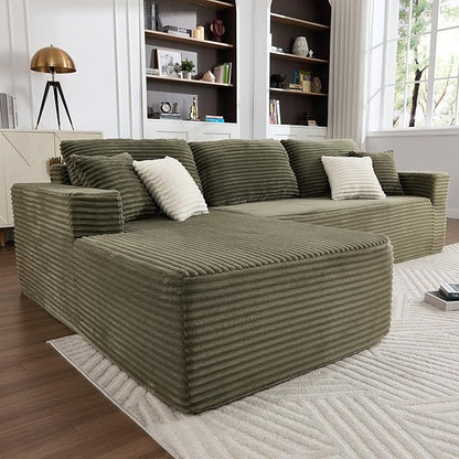 108" Boneless Couches for Living Room, Modular Sectional Sofa with Oversized Chaise, L-Shape Cloud Couch with Deep Seat, High-Density Memory Foam, No Assembly Required, Plush Corduroy Green