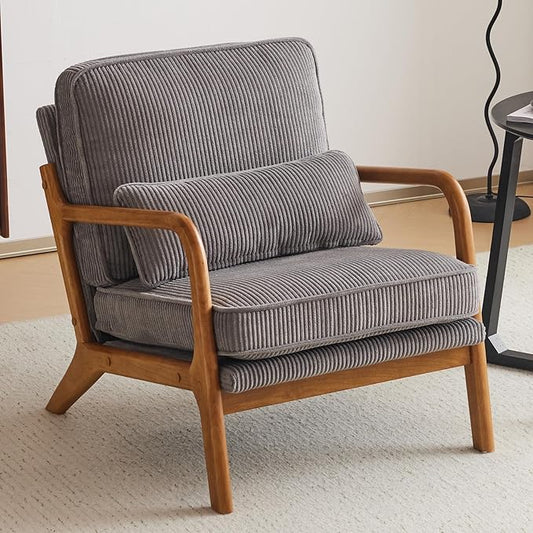 VINGLI Upgraded Premium Corduroy Accent Chair,Upholstered Arm Chair,Solid Wood Comfy Reading Chair with Lumbar Pillow, Mid Century Modern Chairs for Living Room,Bedroom,Guest Room,Light Grey