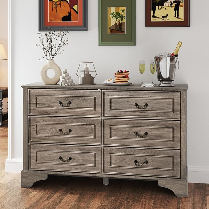 Farmhouse 6 Drawers Dresser for Bedroom, 47'' Wide Rustic chests of Drawers with Natural Texture, Wood Dresser Vintage Design, Storage Dressers Organizer, Grey