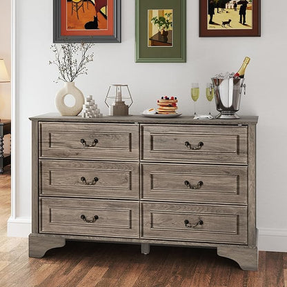 Farmhouse 6 Drawers Dresser for Bedroom, 47'' Wide Rustic chests of Drawers with Natural Texture, Wood Dresser Vintage Design, Storage Dressers Organizer, Grey